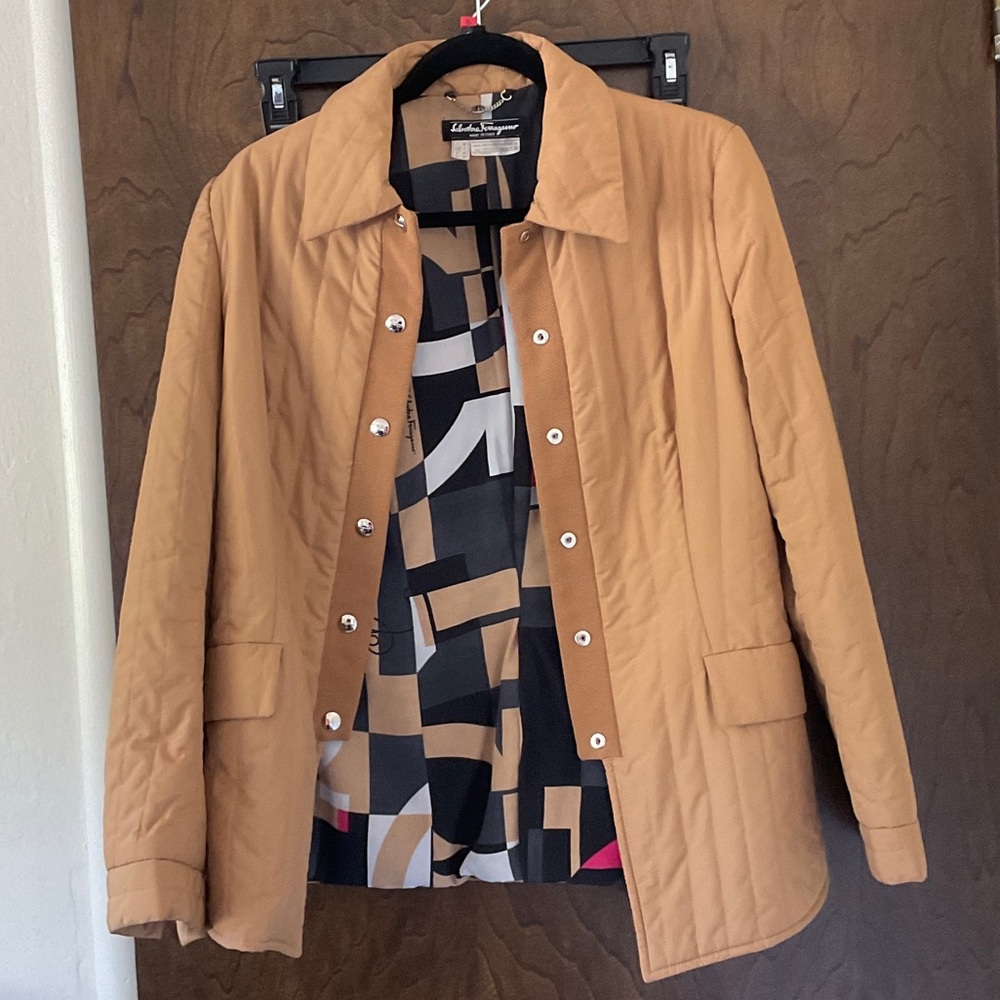 Salvatore Ferragamo Camel Quilted Utility Jacket with Patterned Lining
